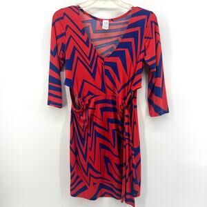 USA American Vintage Red Blue Abstract Modern Mini Dress Waist Belt Women Large